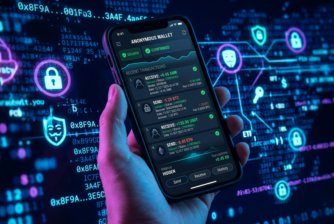 Moderní digitální peněženka na chytrém telefonu zobrazující anonymní transakce a prvky kybernetického soukromí