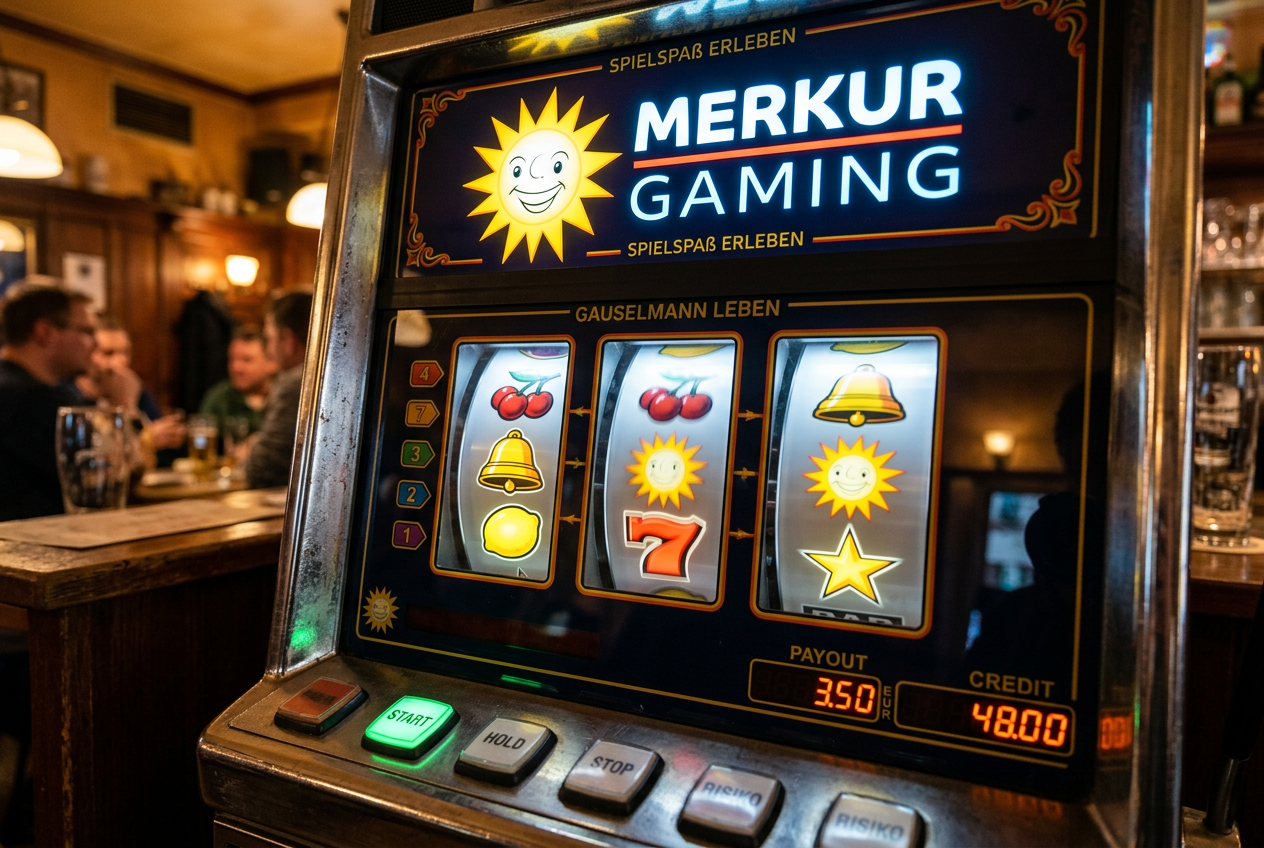 Německý herní automat od společnosti Merkur Gaming s ikonickým sluncem