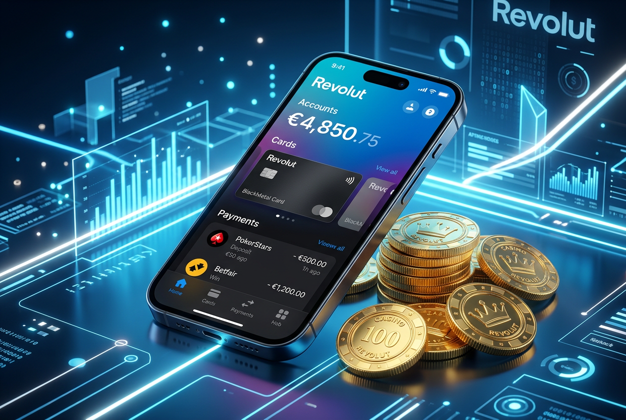 Moderní fintech rozhraní aplikace Revolut vedle kasinových prvků