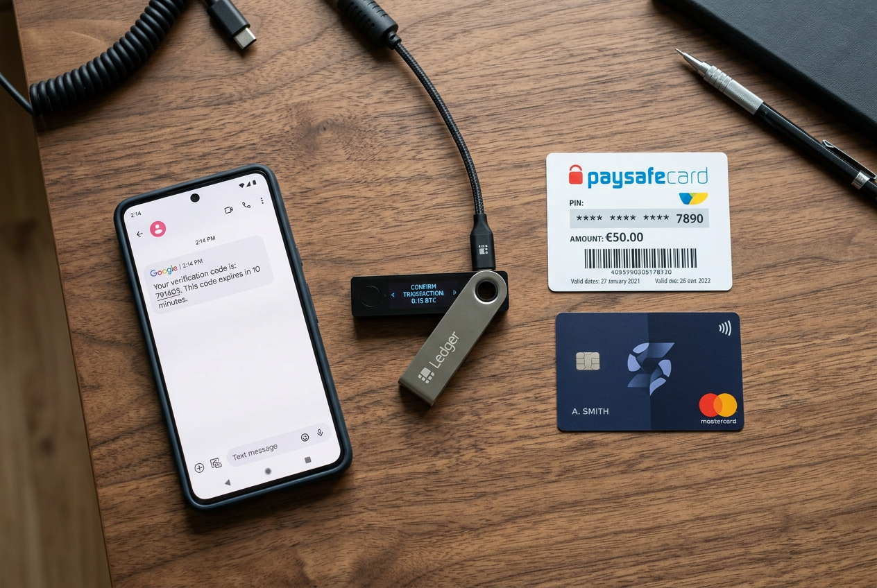 Srovnání anonymních platebních metod: Krypto peněženky, mobilní SMS platby a předplacené kupony Paysafecard na moderním stole